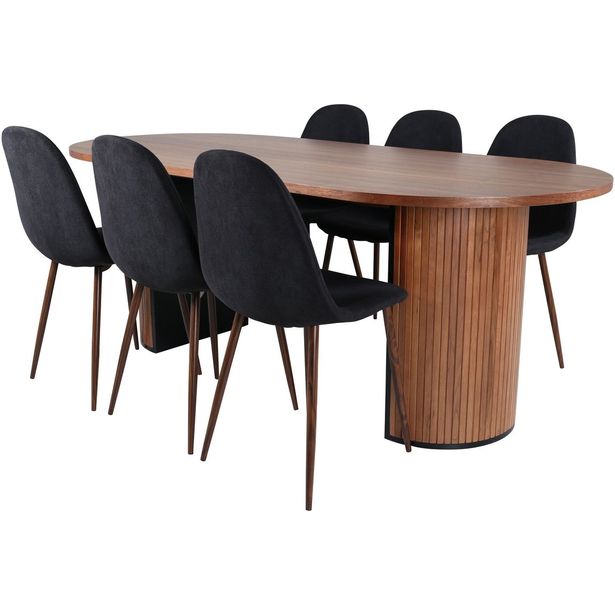 Ruokailuryhmä Venture Home, 200x90cm ruskea Bianca Oval -pöytä + 6 mustaa Polar-tuolia