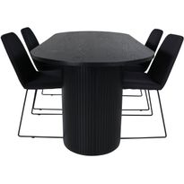 Soikea ruokailuryhmä Venture Home, 200x90cm musta Bianca-pöytä + 4 mustaa Muce-tuolia