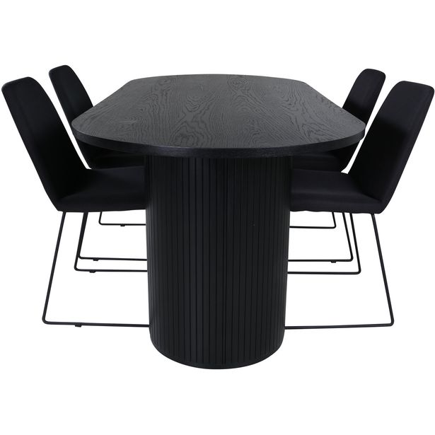 Soikea ruokailuryhmä Venture Home, 200x90cm musta Bianca-pöytä + 4 mustaa Muce-tuolia