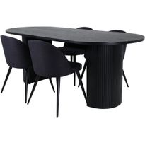 Ruokailuryhmä Venture Home, 200x90cm musta Bianca Oval -pöytä + 4 mustaa Velvet-tuolia