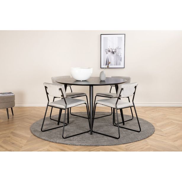 Ruokailuryhmä Venture Home, ⌀115cm musta Dipp-pöytä + 4 mustaa Kenth-tuolia, sametti