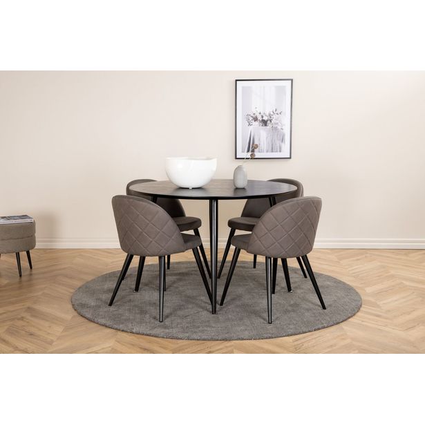 Ruokailuryhmä Venture Home, ⌀115cm musta Dipp-pöytä + 4 harmaata Velvet Stitches -tuolia
