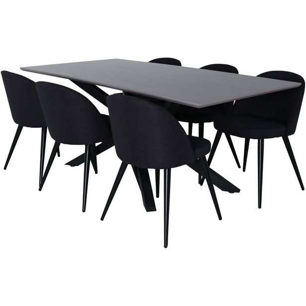 Ruokailuryhmä Venture Home, 180x90cm harmaa Piazza-pöytä + 6 mustaa Velvet-tuolia