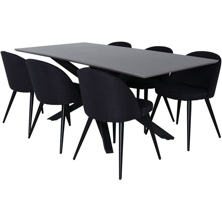 Ruokailuryhmä Venture Home, 180x90cm harmaa Piazza-pöytä + 6 mustaa Velvet-tuolia