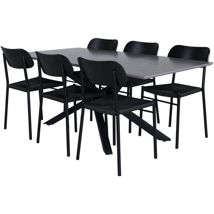 Ruokailuryhmä Venture Home, 180x90cm harmaa Piazza-pöytä + 6 mustaa Polly-tuolia