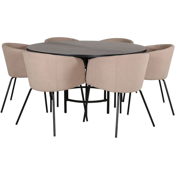 Ruokailuryhmä Venture Home, ⌀140cm musta Copenhagen-pöytä + 6 beigeä Berit-tuolia