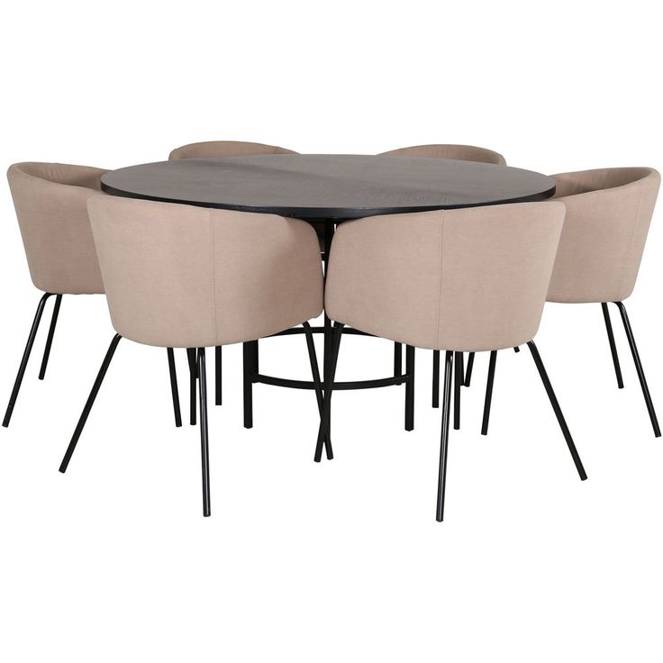Ruokailuryhmä Venture Home, ⌀140cm musta Copenhagen-pöytä + 6 beigeä Berit-tuolia