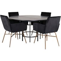 Ruokailuryhmä Venture Home, ⌀140cm musta Copenhagen-pöytä + 4 mustaa Petra-tuolia, kupari/sametti