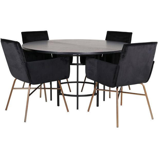 Ruokailuryhmä Venture Home, ⌀140cm musta Copenhagen-pöytä + 4 mustaa Petra-tuolia, kupari/sametti