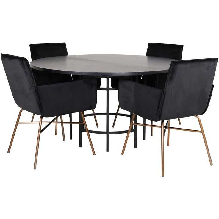 Ruokailuryhmä Venture Home, ⌀140cm musta Copenhagen-pöytä + 4 mustaa Petra-tuolia, kupari/sametti