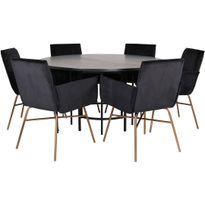 Ruokailuryhmä Venture Home, ⌀140cm musta Copenhagen-pöytä + 6 mustaa Petra-tuolia, kupari/sametti