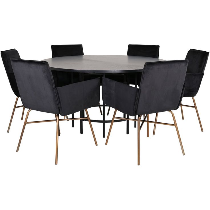 Ruokailuryhmä Venture Home, ⌀140cm musta Copenhagen-pöytä + 6 mustaa Petra-tuolia, kupari/sametti