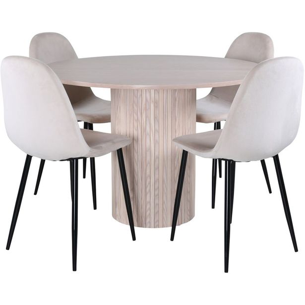 Ruokailuryhmä Venture Home, ⌀110cm Bianca-pöytä + 4 mustaa Polar Velvet -tuolia