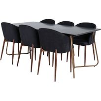 Ruokailuryhmä Venture Home, 190x90cm musta/kupari Petra-pöytä + 6 mustaa Arch-tuolia