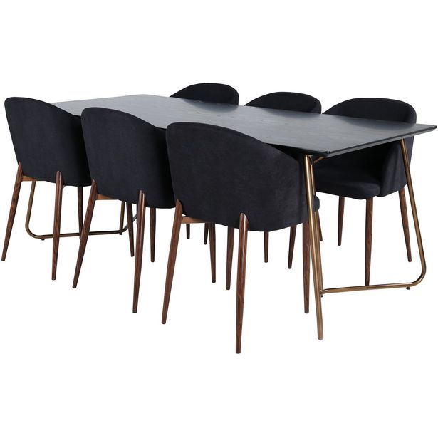 Ruokailuryhmä Venture Home, 190x90cm musta/kupari Petra-pöytä + 6 mustaa Arch-tuolia