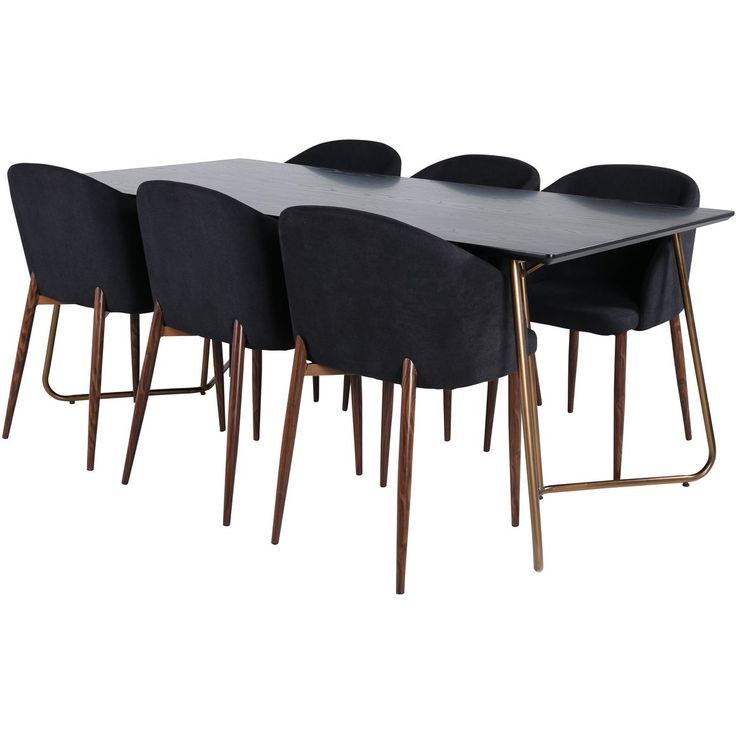 Ruokailuryhmä Venture Home, 190x90cm musta/kupari Petra-pöytä + 6 mustaa Arch-tuolia