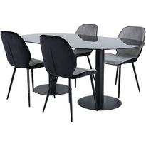 Soikea ruokailuryhmä Venture Home, 180x100cm musta Pillan-pöytä + 4 harmaata Emma-tuolia, sametti