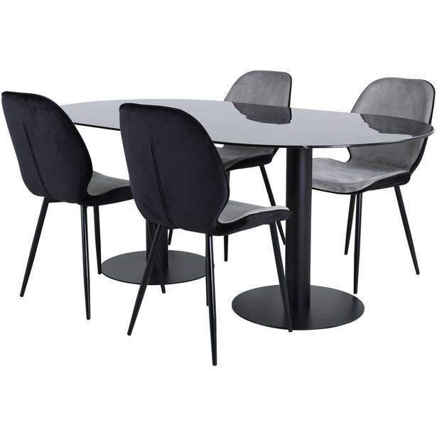 Soikea ruokailuryhmä Venture Home, 180x100cm musta Pillan-pöytä + 4 harmaata Emma-tuolia, sametti