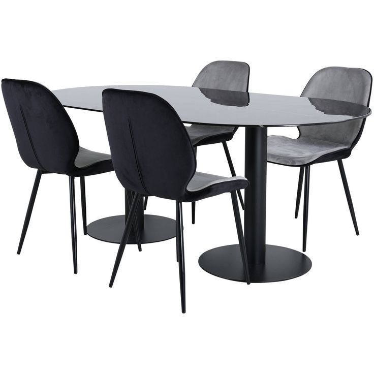 Soikea ruokailuryhmä Venture Home, 180x100cm musta Pillan-pöytä + 4 harmaata Emma-tuolia, sametti