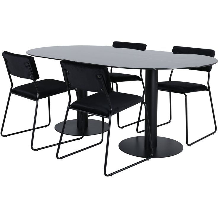 Soikea ruokailuryhmä Venture Home, 180x100cm musta Pillan-pöytä + 4 mustaa Kenth-tuolia, sametti