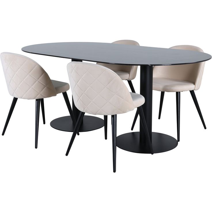 Soikea ruokailuryhmä Venture Home, 180x100cm musta Pillan-pöytä + 4 beigeä Velvet-tuolia, sametti