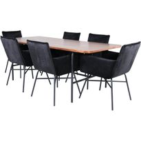 Ruokailuryhmä Venture Home, 200x90cm ruskea Uno-pöytä + 6 mustaa Petra-tuolia