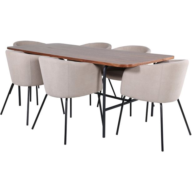 Ruokailuryhmä Venture Home, 200x90cm ruskea Uno-pöytä + 6 beigeä Berit-tuolia
