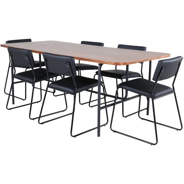 Ruokailuryhmä Venture Home, 200x90cm ruskea Uno-pöytä + 6 mustaa Kenth-tuolia, keinonahka