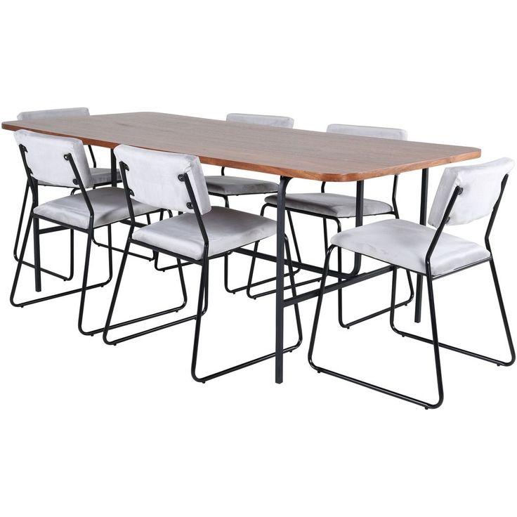 Ruokailuryhmä Venture Home, 200x90cm Uno-pöytä + 6 vaaleanharmaata Kenth-tuolia, sametti