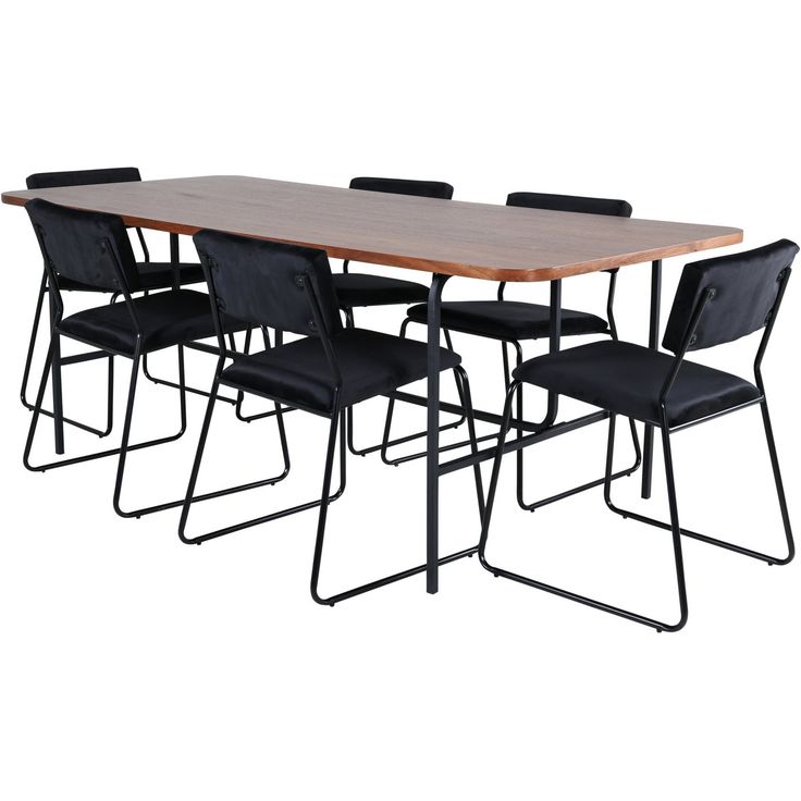 Ruokailuryhmä Venture Home, 200x90cm ruskea Uno-pöytä + 6 mustaa Kenth-tuolia