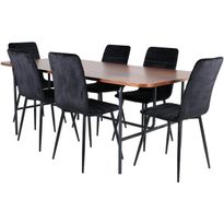 Ruokailuryhmä Venture Home, 200x90cm ruskea Uno-pöytä + 6 mustaa Windu-tuolia, sametti
