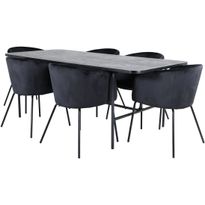 Ruokailuryhmä Venture Home, 200x90cm musta Uno-pöytä + 6 Berit-tuolia, sametti