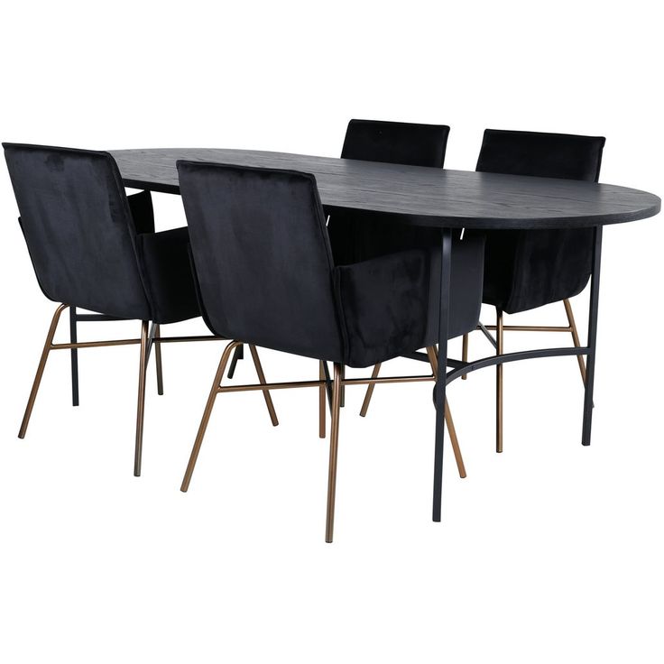 Ruokailuryhmä Venture Home, 200x90cm musta Skate-ruokapöytä + 4 mustaa Petra-tuolia, sametti