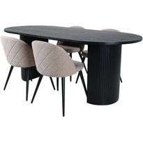Ruokailuryhmä Venture Home, 200x90cm musta Bianca Oval -pöytä + 4 beigeä Velvet Stitches -tuolia