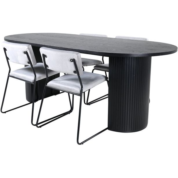 Ruokailuryhmä Venture Home, 200x90cm musta Bianca Oval -pöytä + 4 vaaleanharmaata Kenth-tuolia, sametti