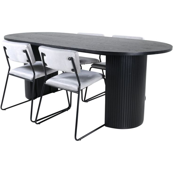 Ruokailuryhmä Venture Home, 200x90cm musta Bianca Oval -pöytä + 4 vaaleanharmaata Kenth-tuolia, sametti