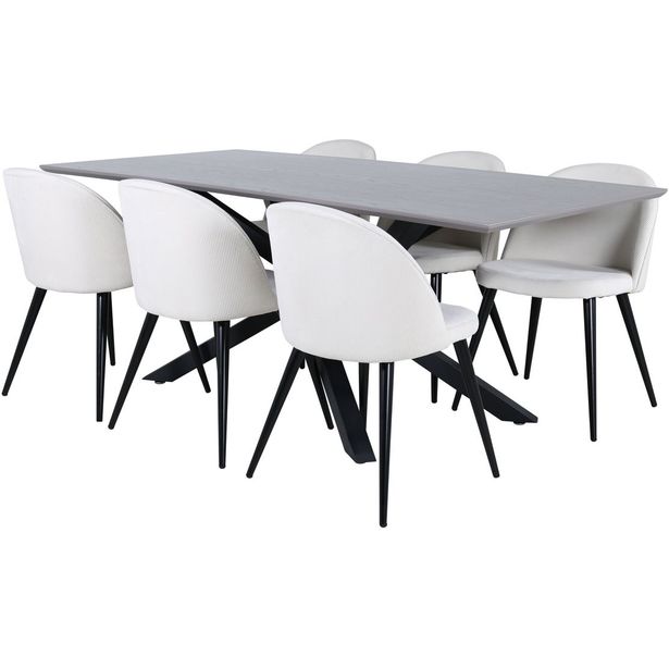 Ruokailuryhmä Venture Home, 180x90cm harmaa Piazza-pöytä + 6 beigeä Velvet-tuolia, vakosametti