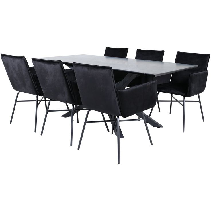 Ruokailuryhmä Venture Home, 180x90cm musta Piazza-pöytä + 6 mustaa Petra-tuolia, sametti