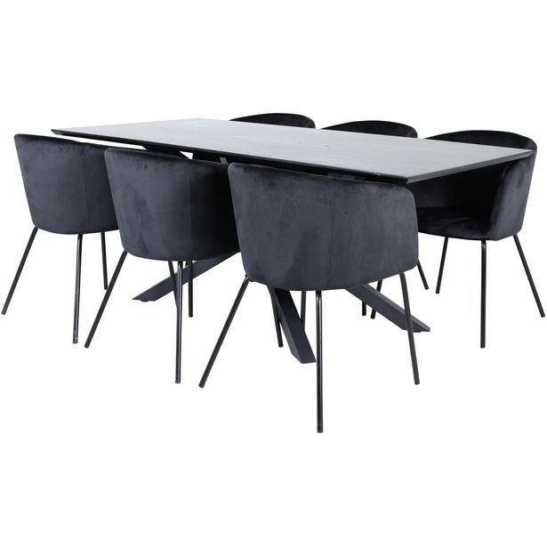 Ruokailuryhmä Venture Home, 180x90cm Piazza-pöytä + 6 Berit-tuolia, sametti