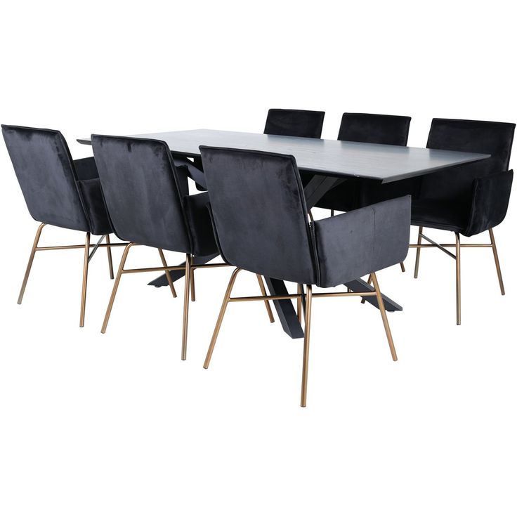 Ruokailuryhmä Venture Home, 180x90cm Piazza-pöytä + 6 mustaa Petra-tuolia, sametti/kupari