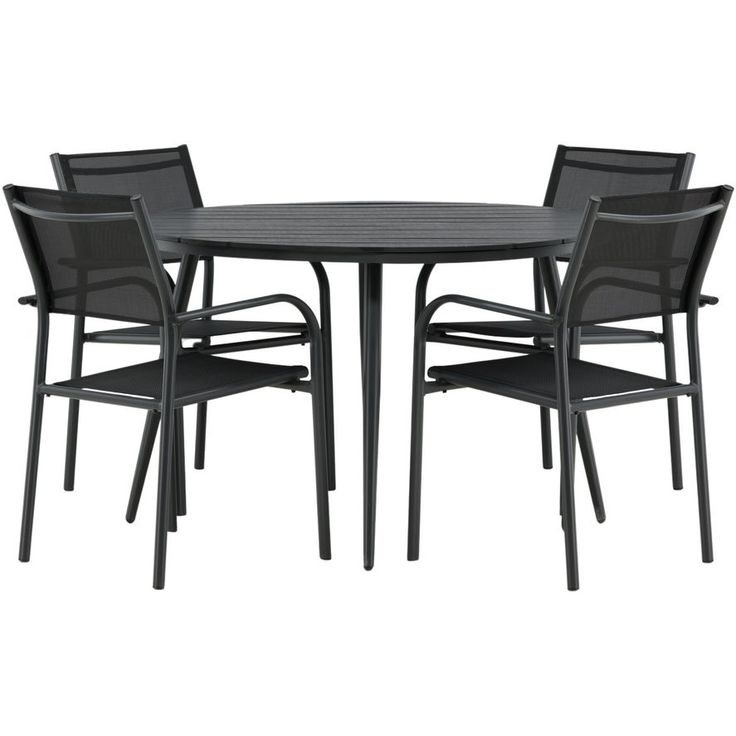 Ruokailuryhmä Venture Home, ø120cm musta Break-pöytä + 4 mustaa, pinottavaa Santorini-tuolia