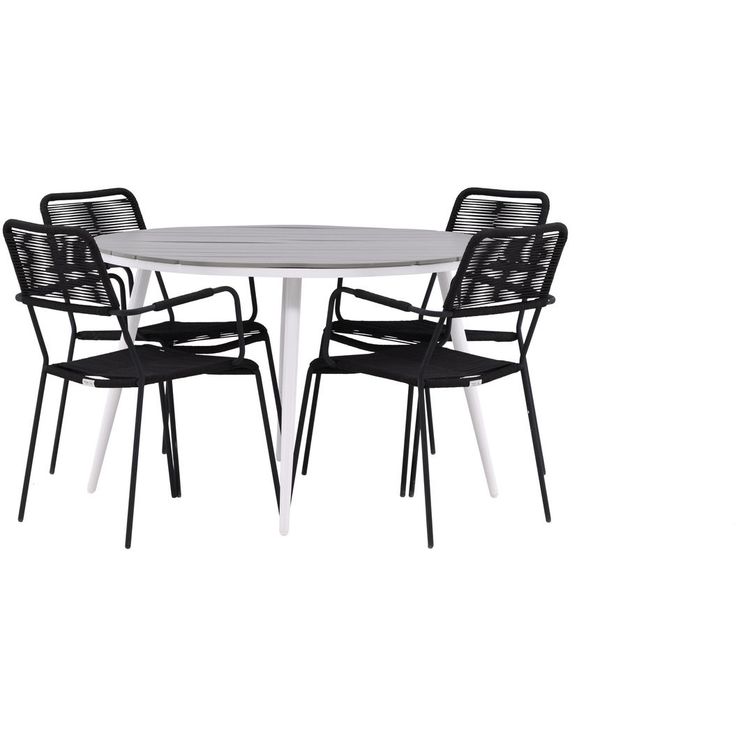 Ruokailuryhmä Venture Home, ø120cm harmaa/valkoinen Break-pöytä + 4 mustaa Lindos-tuolia, käsinojilla