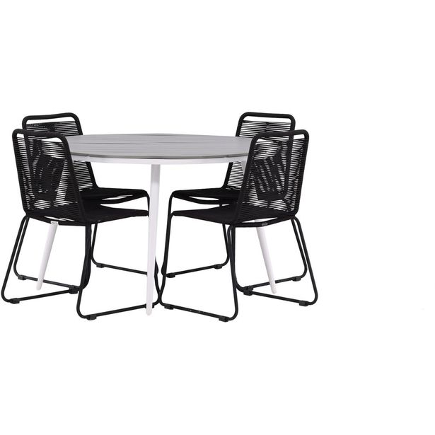 Ruokailuryhmä Venture Home, ø120cm harmaa/valkoinen Break-pöytä + 4 mustaa, pinottavaa Lindos-tuolia