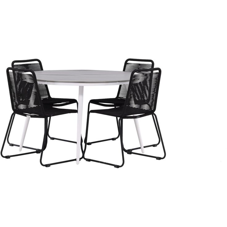 Ruokailuryhmä Venture Home, ø120cm harmaa/valkoinen Break-pöytä + 4 mustaa, pinottavaa Lindos-tuolia