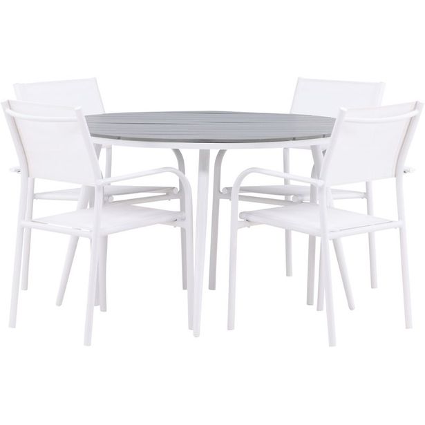 Ruokailuryhmä Venture Home, ø120cm harmaa/valkoinen Break-pöytä + 4 valkoista, pinottavaa Santorini-tuolia