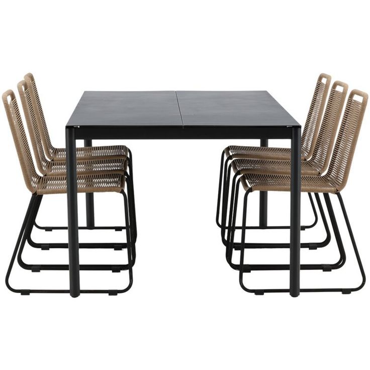 Ruokailuryhmä Venture Home, 200x100cm musta Modena-pöytä + 6 pinottavaa Lindos-tuolia