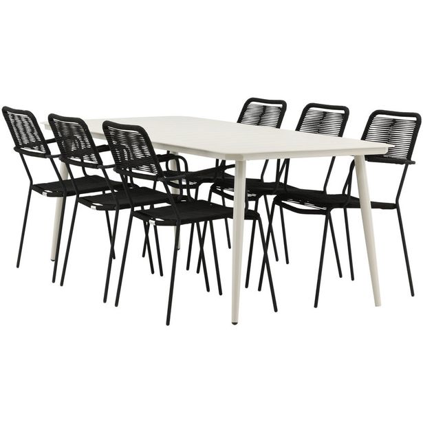 Ruokailuryhmä ulos Venture Home, beige Lina-pöytä 200x90cm + 6 mustaa Lindos-tuolia