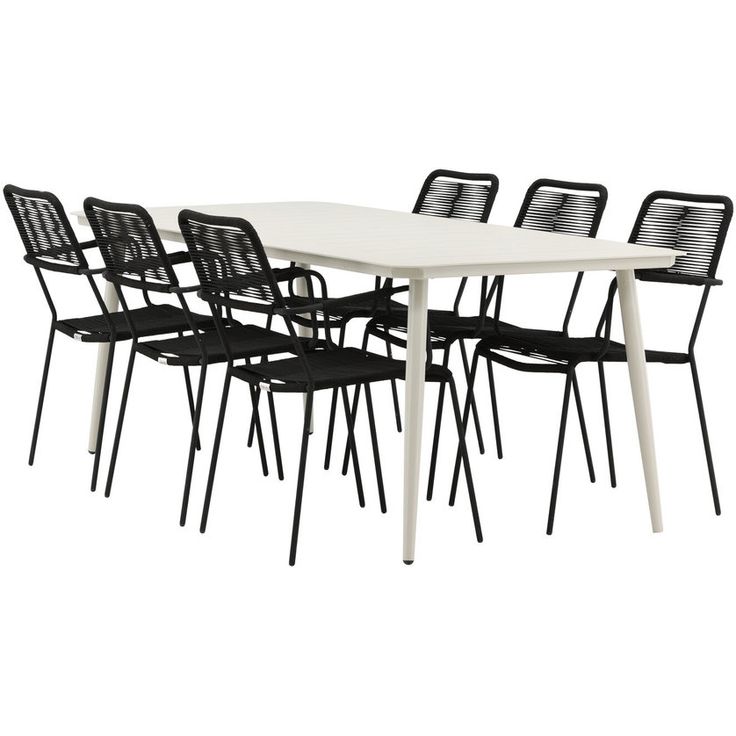 Ruokailuryhmä ulos Venture Home, beige Lina-pöytä 200x90cm + 6 mustaa Lindos-tuolia