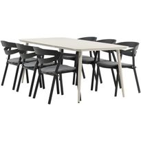 Ruokailuryhmä ulos Venture Home, beige Lina-pöytä 200x90cm + 6 mustaa Slit-tuolia