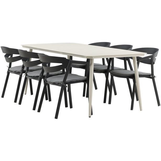 Ruokailuryhmä ulos Venture Home, beige Lina-pöytä 200x90cm + 6 mustaa Slit-tuolia